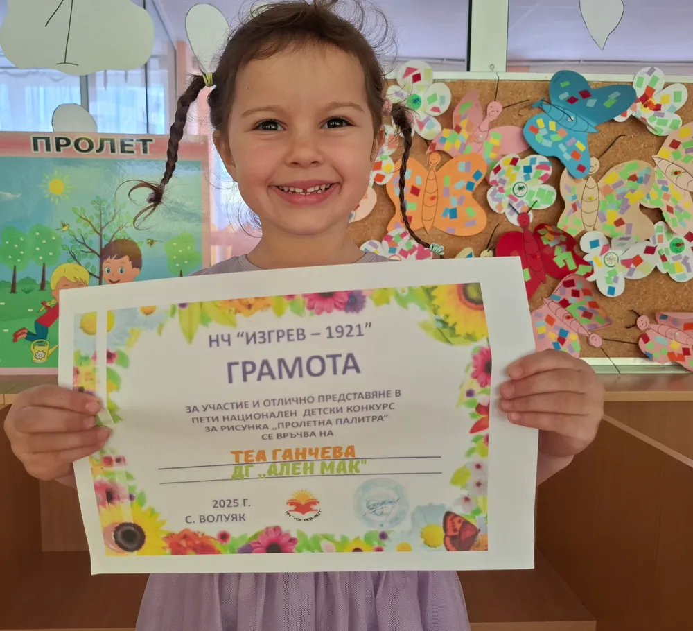 Грамоти от пети национален детски конкурс за рисунка "Пролетна палитра" 2025 г.