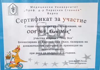 Сертификат за участие в проект "Toy Box"