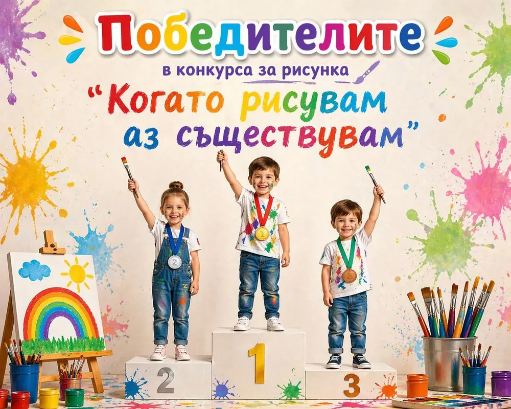 Победителите в конкурса за детскаа рисунка с нестандартни техники и материали "Когато рисувам - аз съществувам".